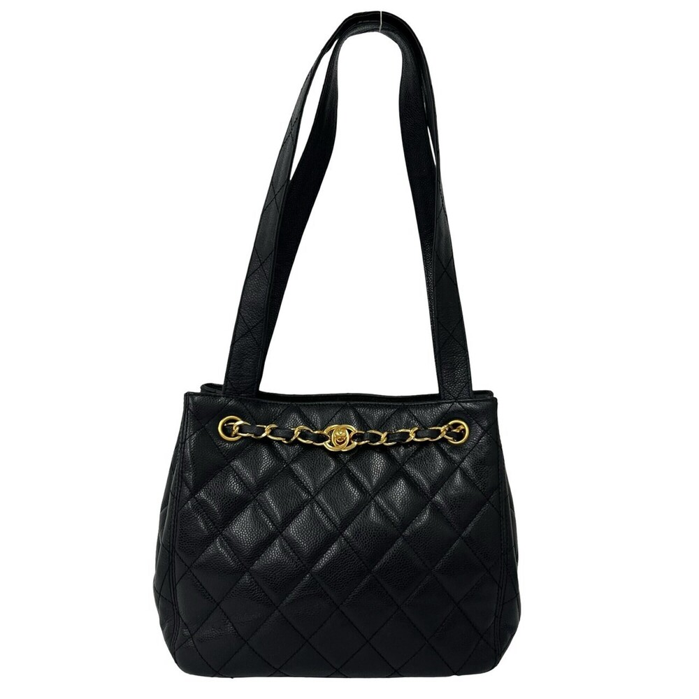 CHANEL Matelassé Coco Mark Caviar Skin Semi Shoulder Bag Black 21619